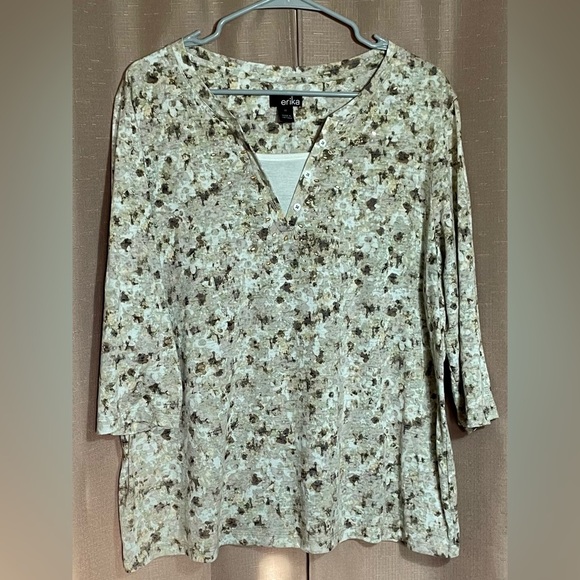 Erika Tops - Erika Brown and White 3/4 Sleeve 1X Tunic GUC